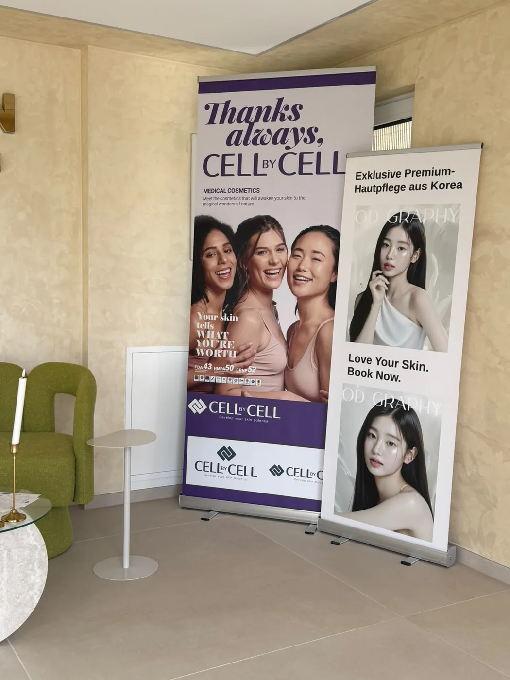 Roll-ups im Studio mit Premium-Hautpflege aus Korea